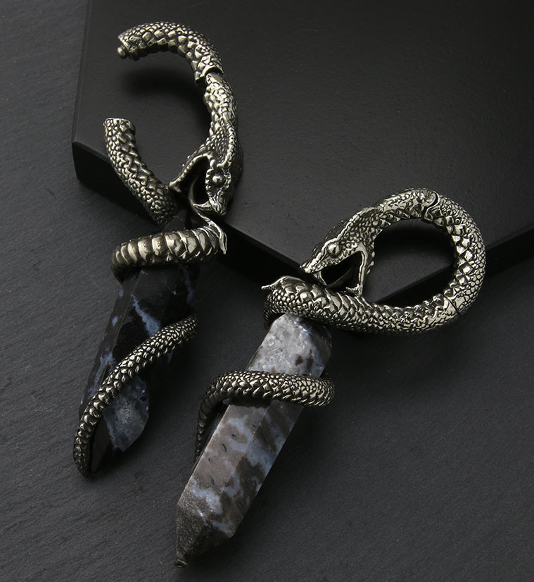 Blue Flame Petrified Palm Root Cobra White Brass Hinged Ear Weights