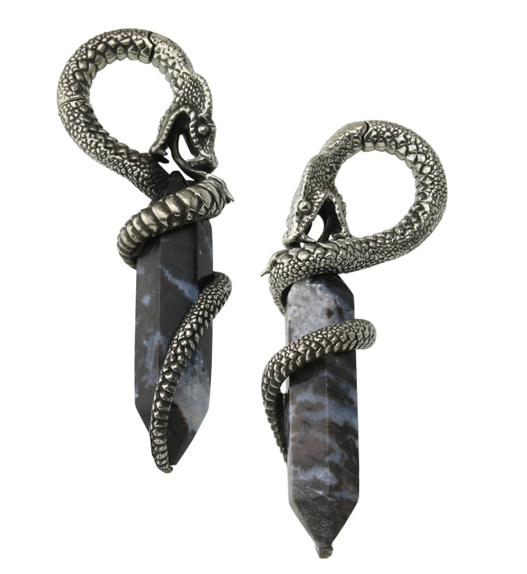 Blue Flame Petrified Palm Root Cobra White Brass Hinged Ear Weights