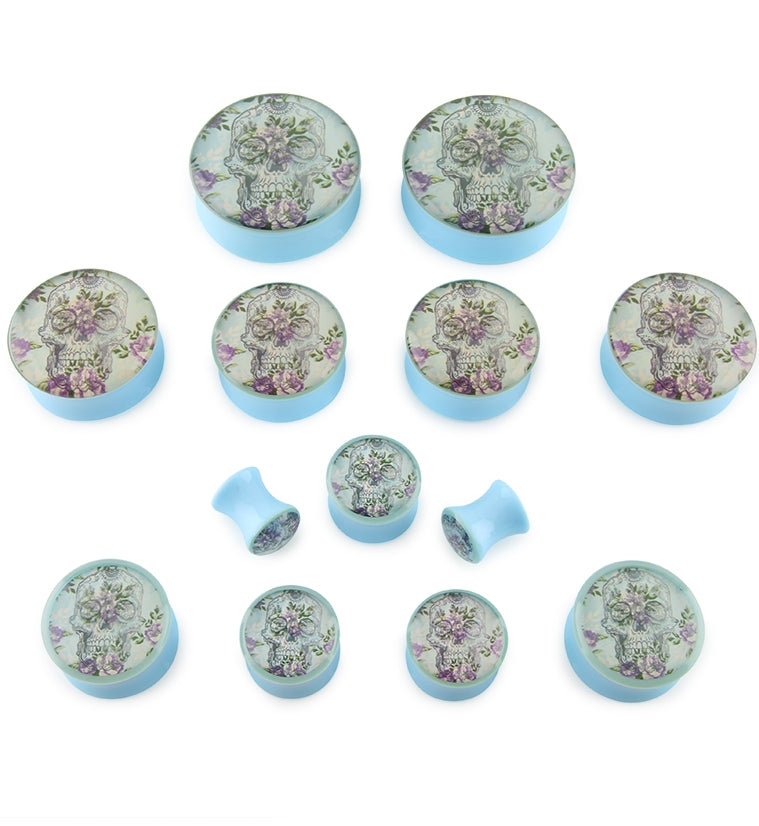 Floral Skull Light Blue Plugs