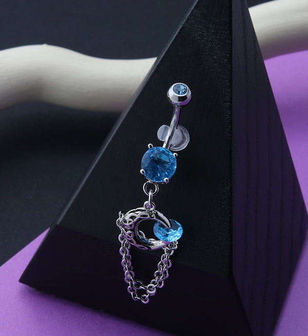 Blue Half Moon Dangle Chain Belly Button Ring