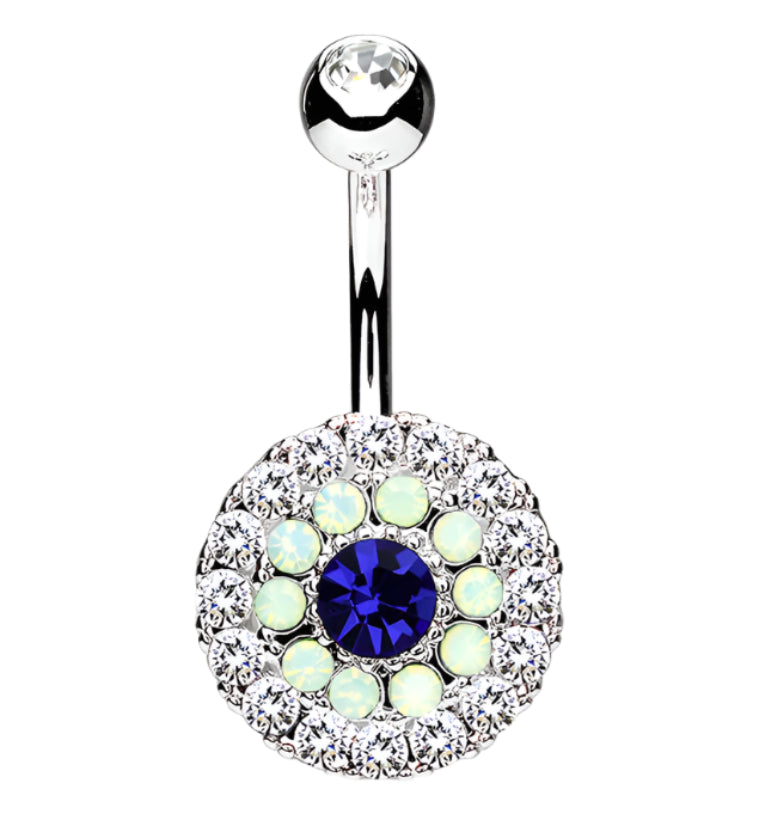 Blue CZ & Opal Disk Belly Button Ring