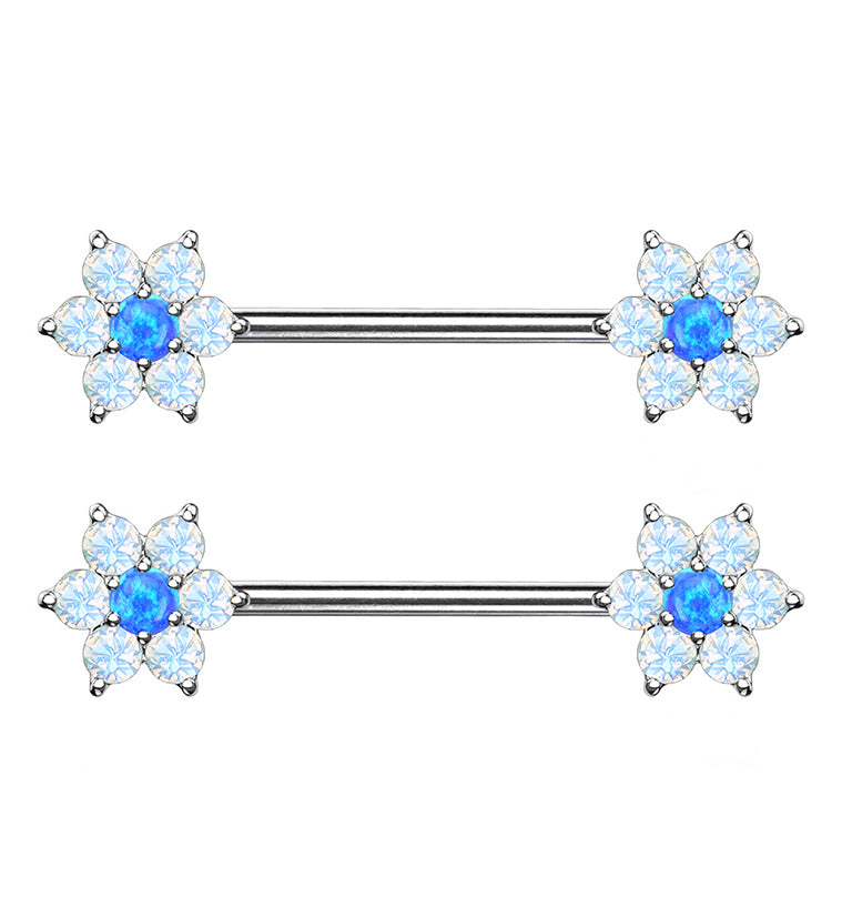 14G Blue & White Opalite Flower Flower Nipple Ring Barbell