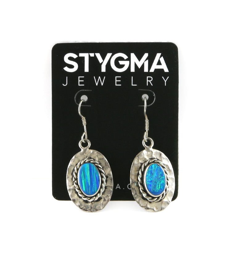Blue Opal Hammered Disk Earrings