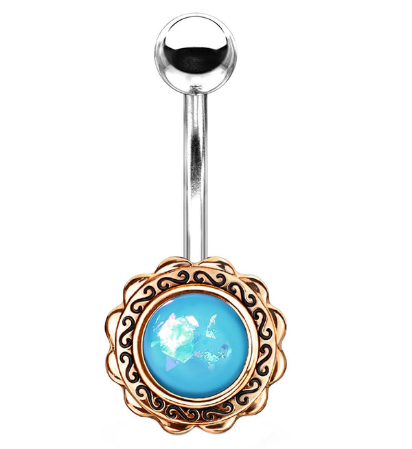 Blue Glitter Filigree Rose Gold Belly Button Ring