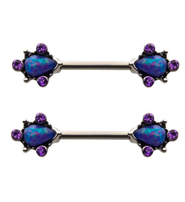 14G Blue Opalite X Purple CZ Filigree Nipple Rings Barbell