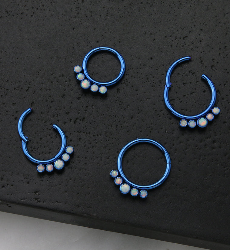 Blue PVD Cinque White Opalite Titanium Hinged Segment Ring