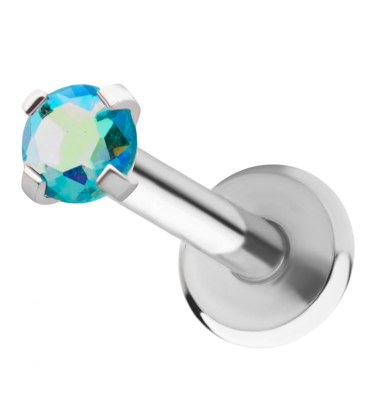 Blue Rainbow Aurora Prong CZ Stainless Steel Internally Threaded Labret