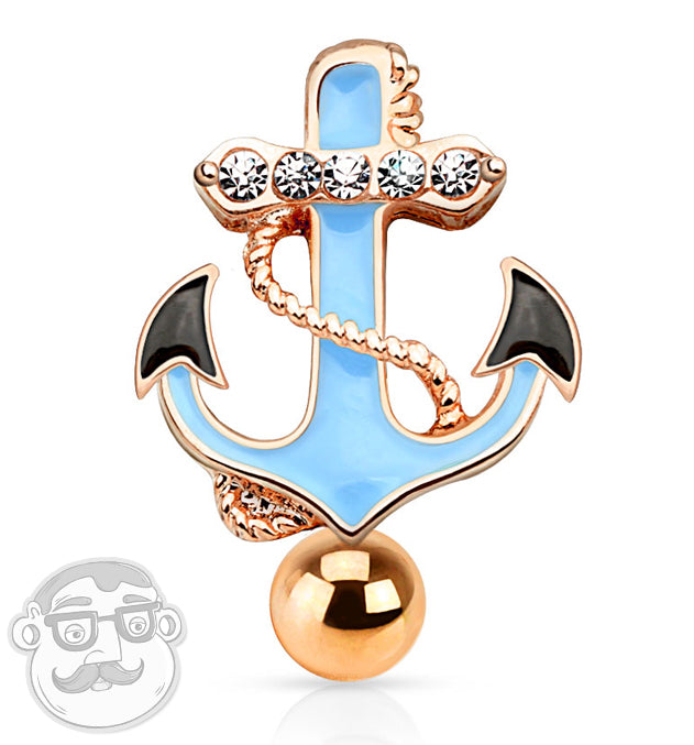Rose Gold Blue Anchor Stainless Steel Belly Button Ring