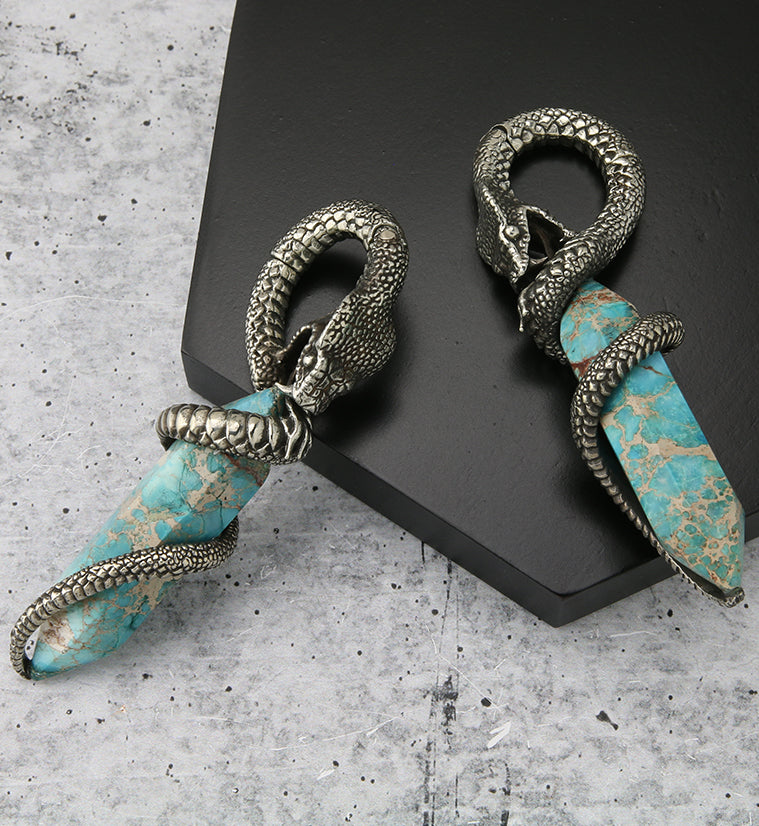 Blue Sea Sediment Stone Cobra White Brass Hinged Ear Weights