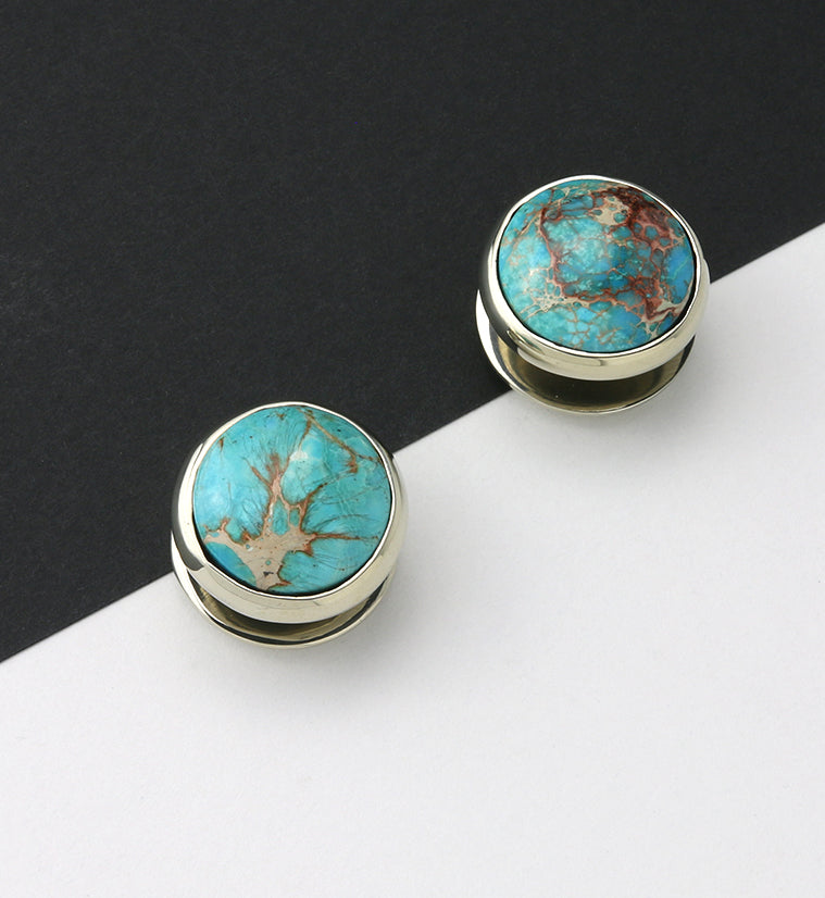 Blue Sea Sediment Stone Disk White Brass Ear Weights