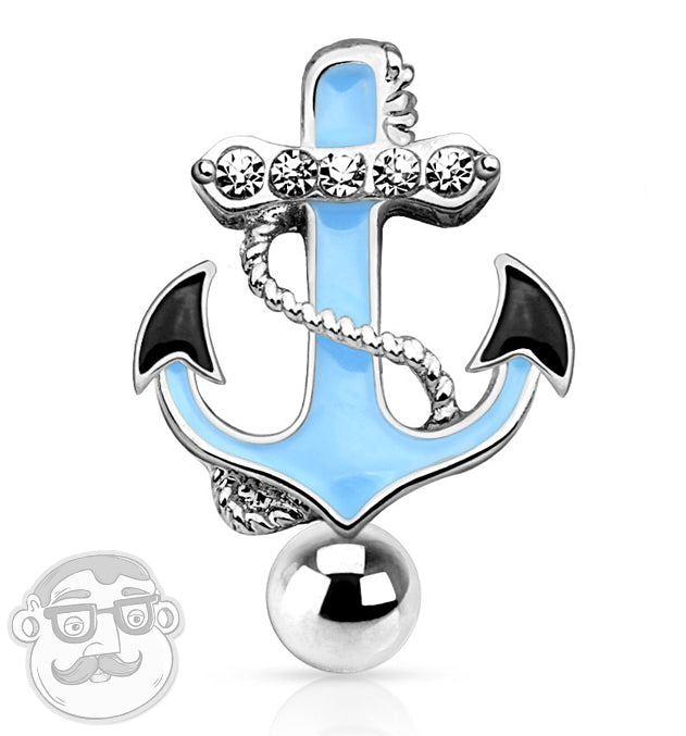Silver Blue Anchor Stainless Steel Belly Button Ring