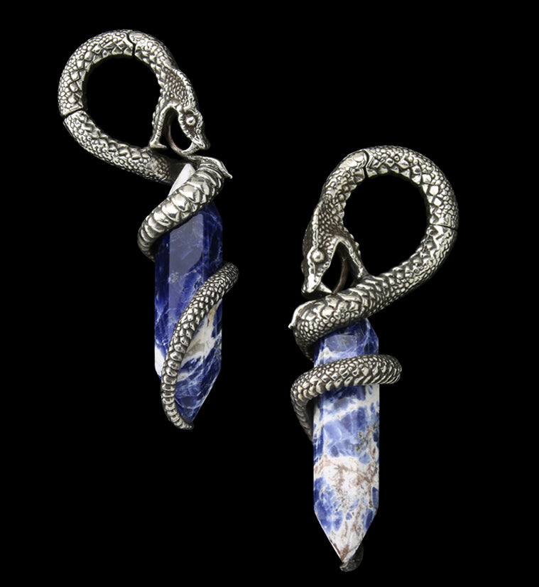 Blue Sodalite Stone Cobra White Brass Hinged Ear Weights