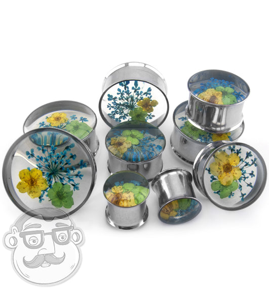 Blue & Yellow Preserved Flower Stainless Steel Plugs
