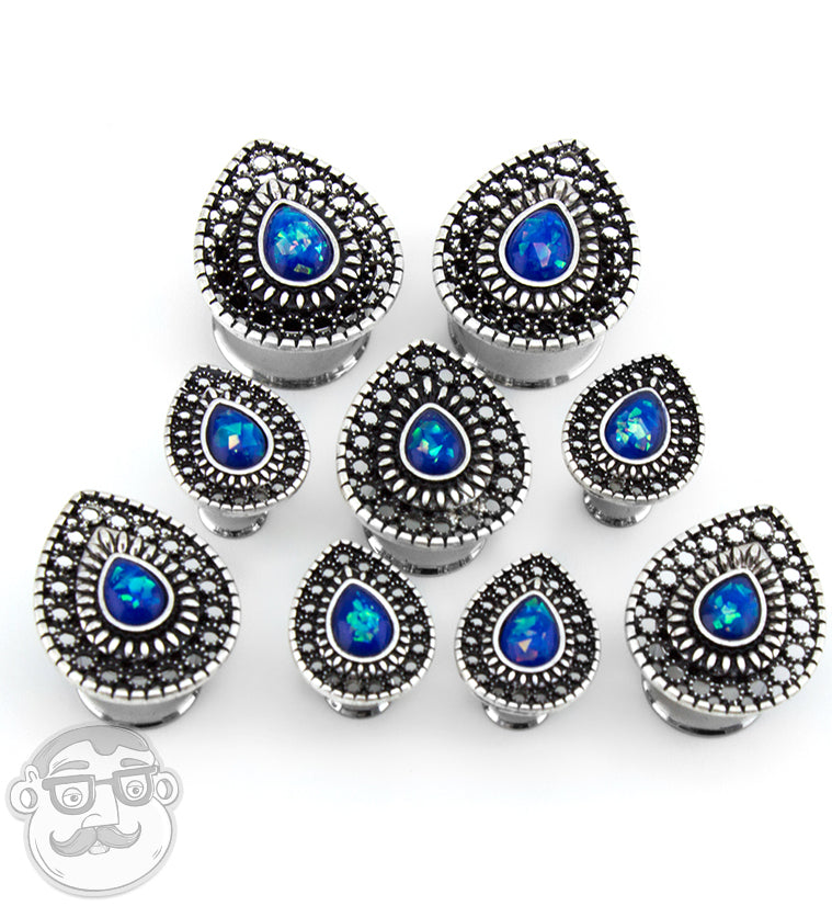 Blue Opalite Teardrop Plate Steel Plugs