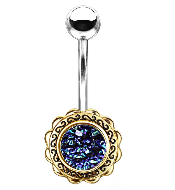 Blue Druzy Filigree Gold Belly Button Ring