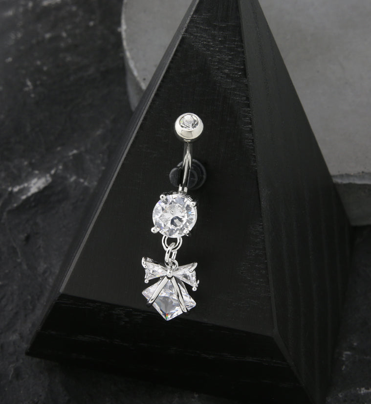 Bow And Rhombus CZ Dangle Stainless Steel Belly Button Ring