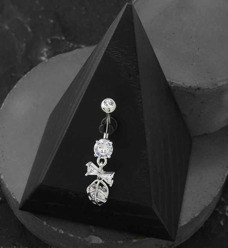 Bowtie Leaf CZ Dangle Stainless Steel Belly Button Ring