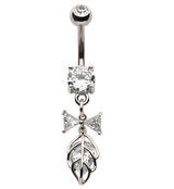 Bowtie Leaf CZ Dangle Stainless Steel Belly Button Ring