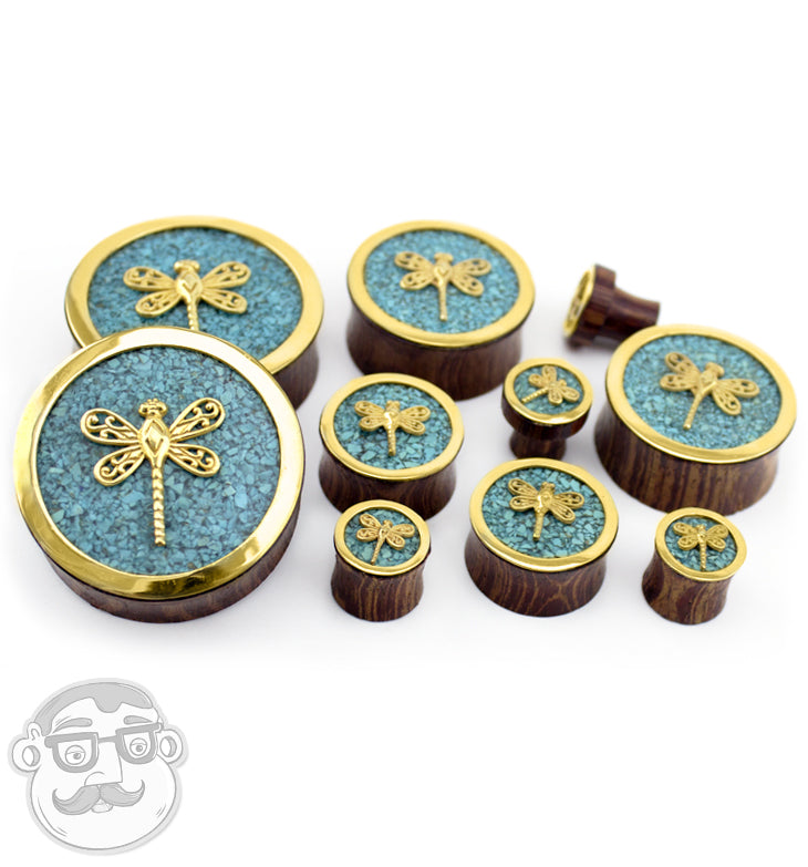 Brass Dragonfly Wood Plugs With Teal Stone Inlay