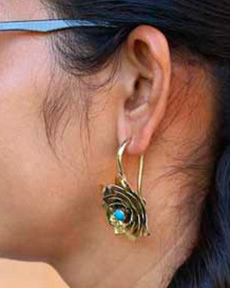 Brass Rosebud With Teal Stone Inlay Earrings