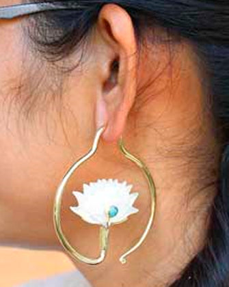 Carved Lotus Shell Brass Earrings