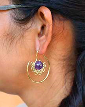 Brass Earrings With Amethyst Stone Inlay