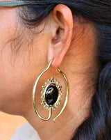 Brass Earrings With Black Obsidian Stone Inlay