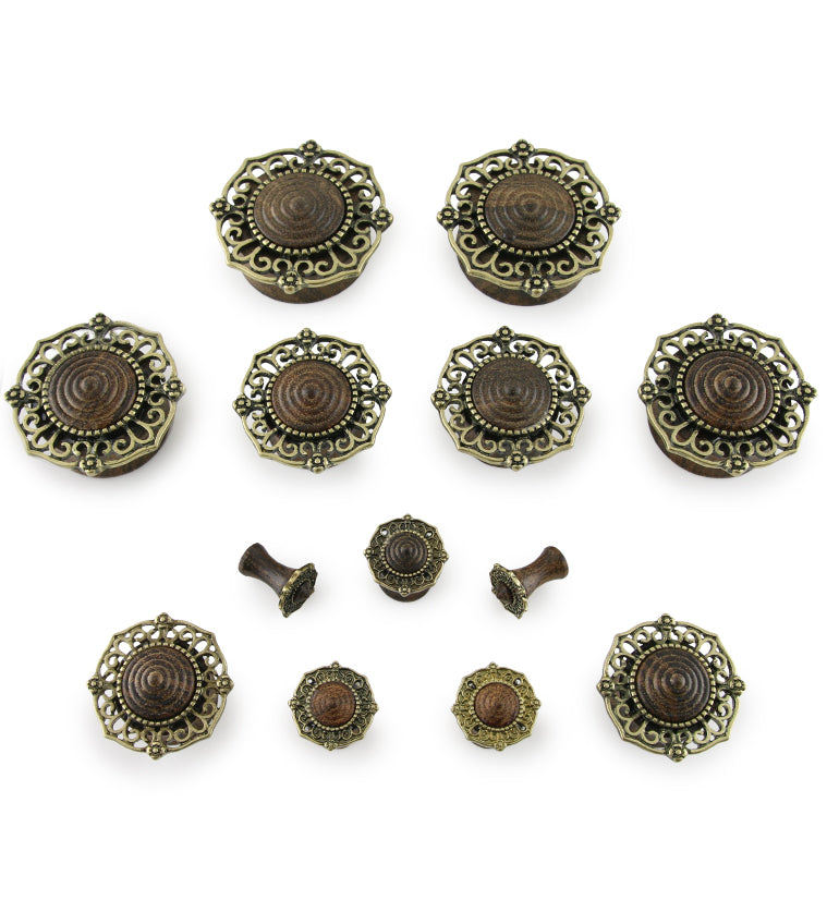 Brass Filigree Top Rose Wood Plugs