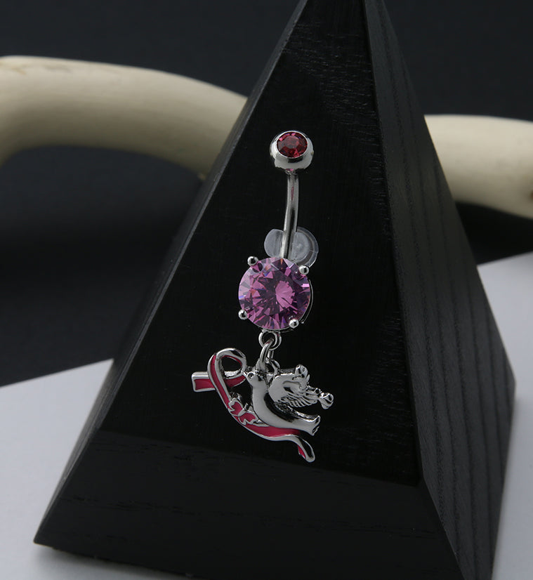 Breast Cancer Awareness Dove and Ribbon Pink CZ Belly Ring
