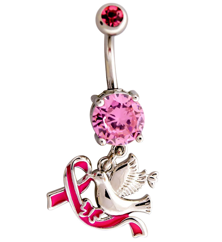 Breast Cancer Awareness Dove and Ribbon Pink CZ Belly Ring