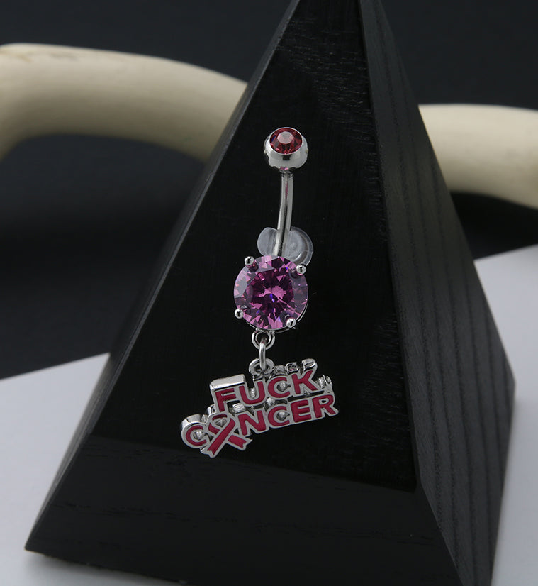 Breast Cancer Awareness Fuck Cancer Pink CZ Belly Ring