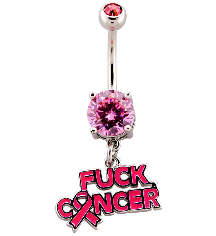 Breast Cancer Awareness Fuck Cancer Pink CZ Belly Ring