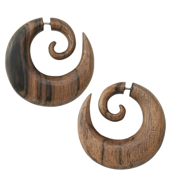 Broad Areng Wood Fake Gauge Spiral Earrings