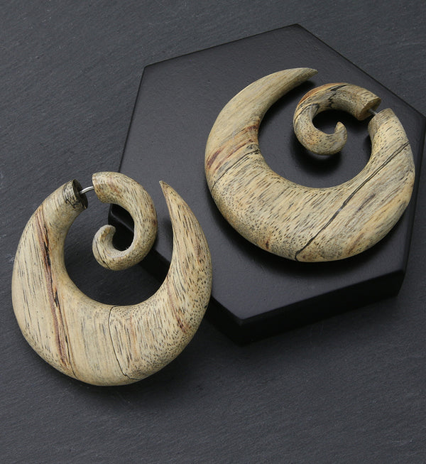 Broad Tamarind Wood Fake Gauge Spiral Earrings