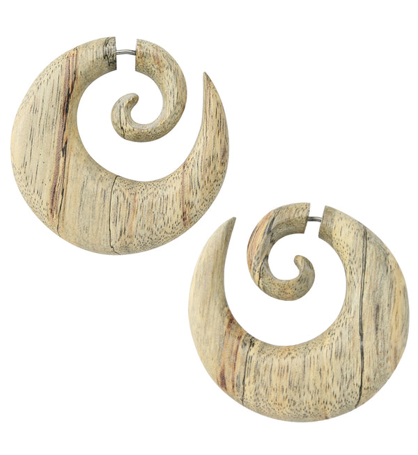 Broad Tamarind Wood Fake Gauge Spiral Earrings