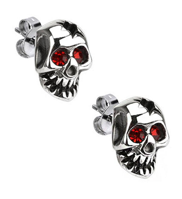 Broken Skull Red CZ Stainless Steel Stud Earrings