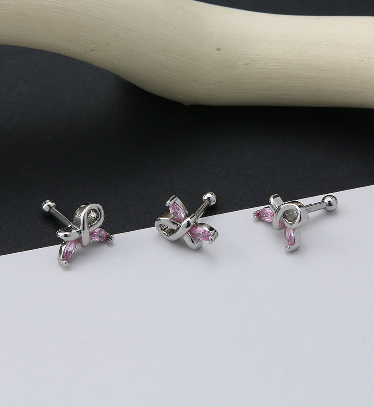 Butterfly Breast Cancer Ribbon Pink CZ Cartilage Barbell