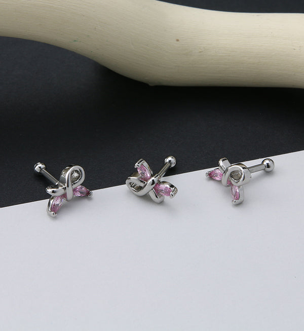 Butterfly Breast Cancer Ribbon Pink CZ Cartilage Barbell