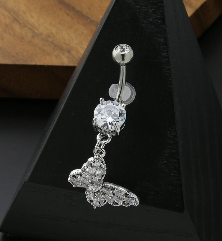Butterfly Dangle Clear CZ Stainless Steel Belly Button Ring