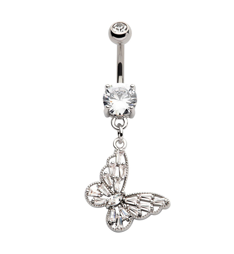Butterfly Dangle Clear CZ Stainless Steel Belly Button Ring