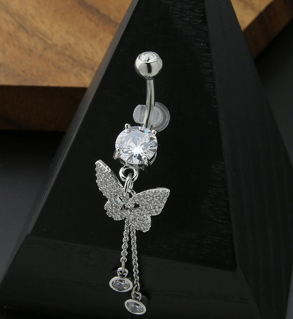 Butterfly Dangle Drop Chain Clear CZ Stainless Steel Belly Button Ring