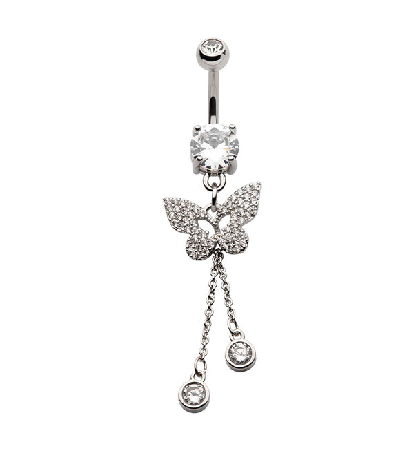Butterfly Dangle Drop Chain Clear CZ Stainless Steel Belly Button Ring