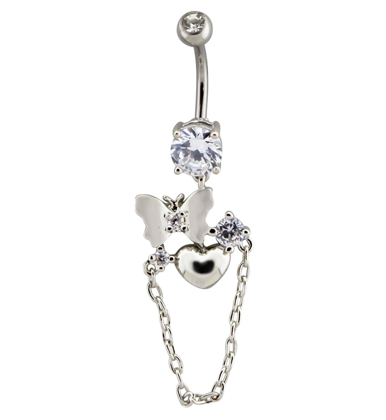 Butterfly Heart Clear CZ Dangle Chain Belly Button Ring