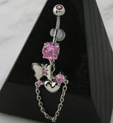 Butterfly Heart Pink CZ Dangle Chain Belly Button Ring