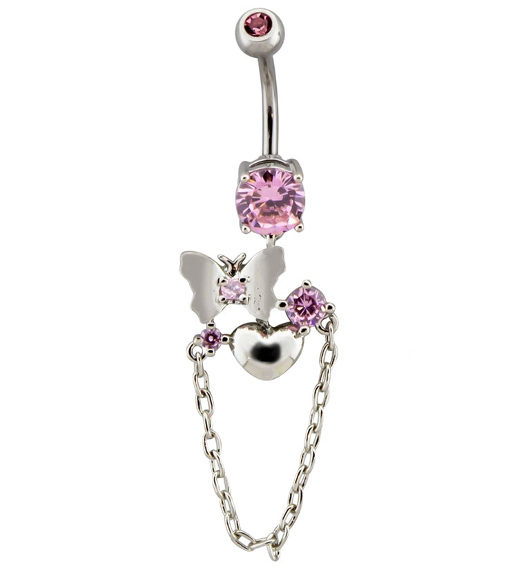 Butterfly Heart Pink CZ Dangle Chain Belly Button Ring