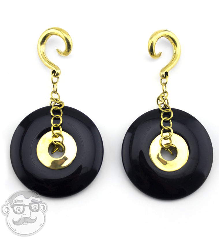 Black Obsidian Stone Disk Brass Ear Weights