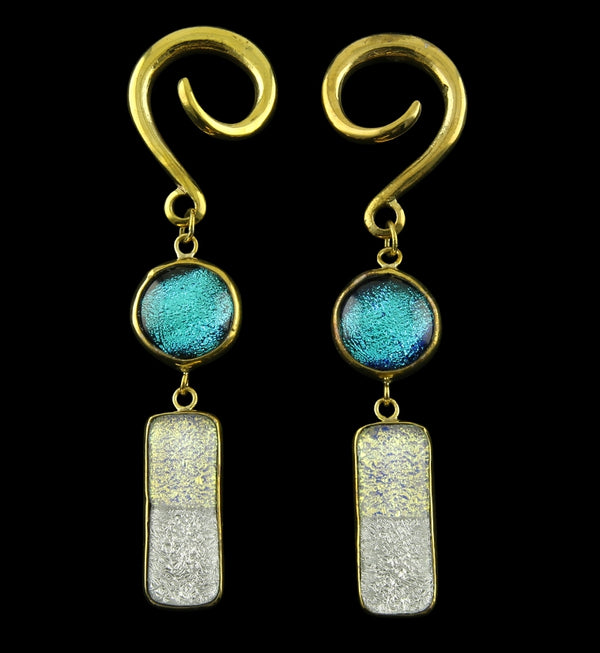 Winter Ice Double Oblong Dichroic Glass Brass Ear Weights