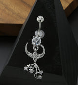 Celestial Crescent Moon Dangle Charm Clear CZ Stainless Steel Belly Button Ring