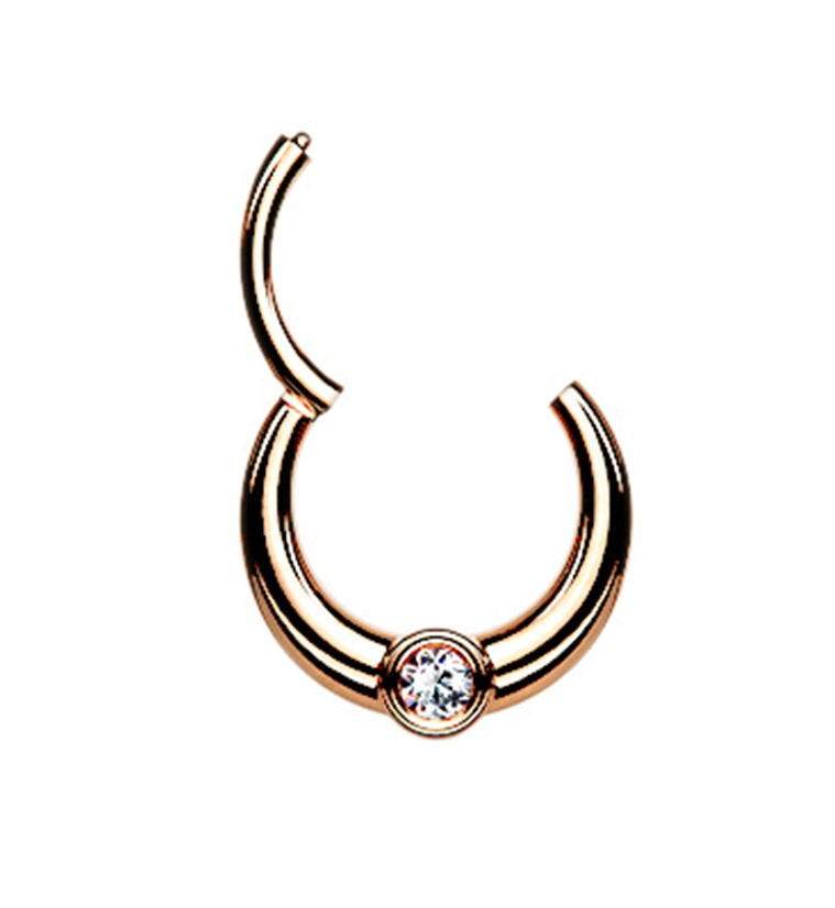 Central Rose Gold PVD CZ Hinged Segment Hoop Ring
