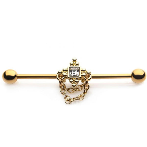 Gold PVD quare Gem Chained Industrial Barbell